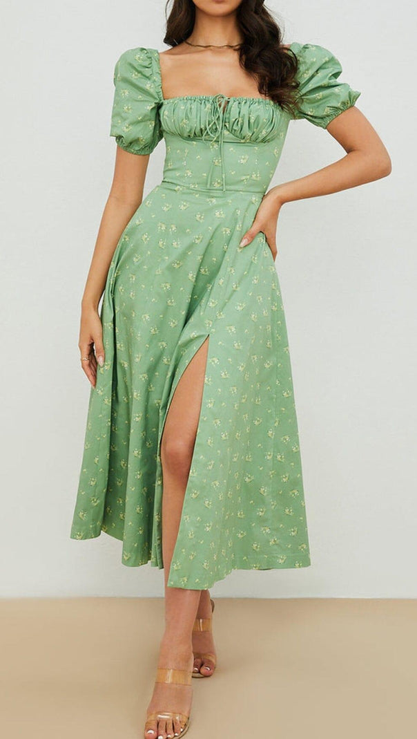 AIIZIE VINTAGE FLORAL PUFF SLEEVE MIDI DRESS IN GREEN - product image