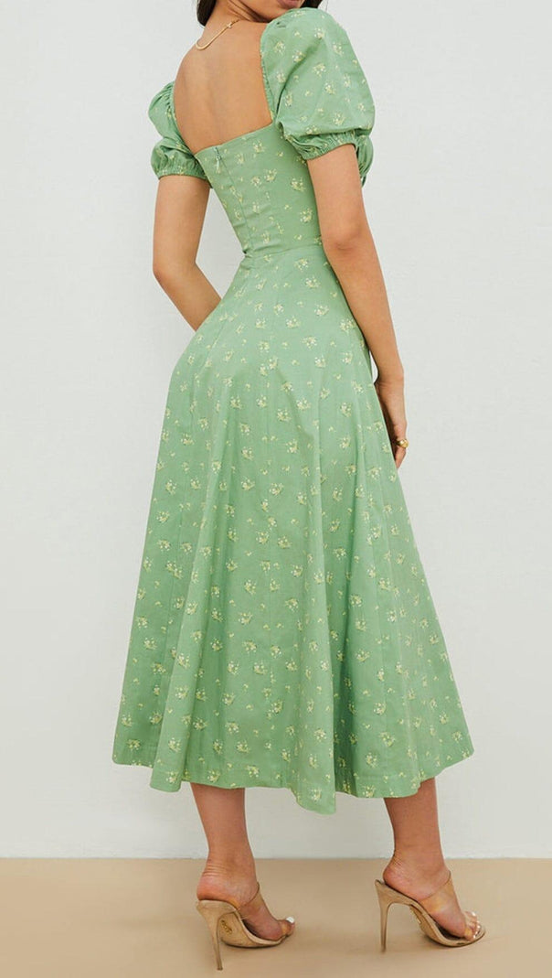 AIIZIE VINTAGE FLORAL PUFF SLEEVE MIDI DRESS IN GREEN - product image