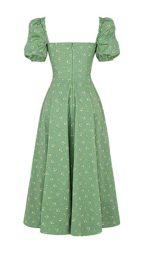 ABITO MIDI VINTAGE CON MANICHE A SBUFFO E FIORI IN VERDE