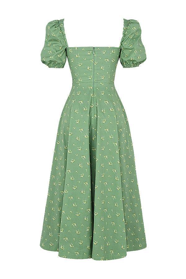 AIIZIE VINTAGE FLORAL PUFF SLEEVE MIDI DRESS IN GREEN - product image