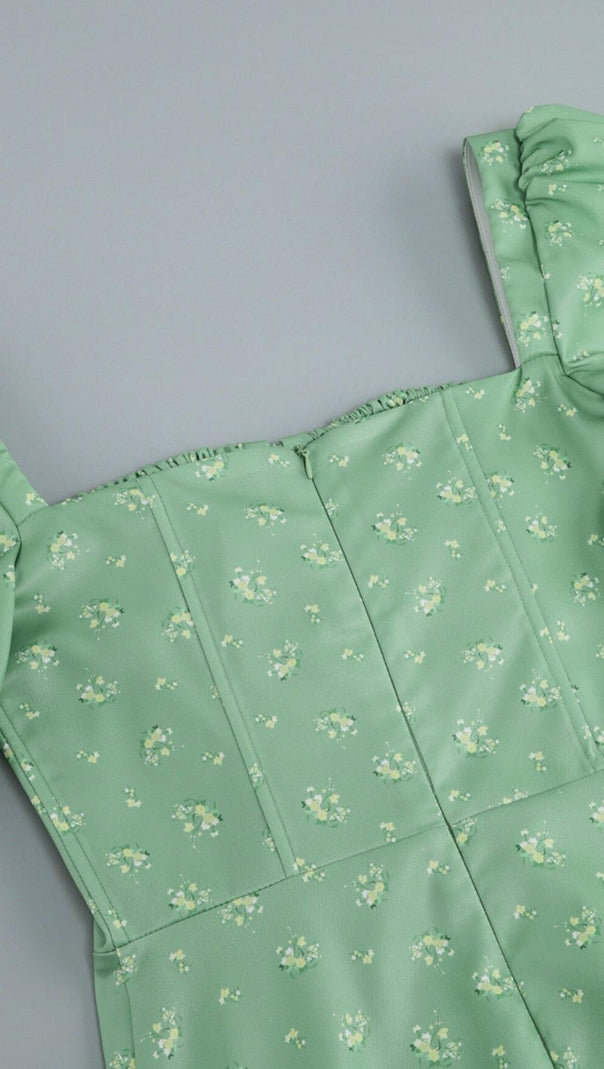 AIIZIE VINTAGE FLORAL PUFF SLEEVE MIDI DRESS IN GREEN - product image