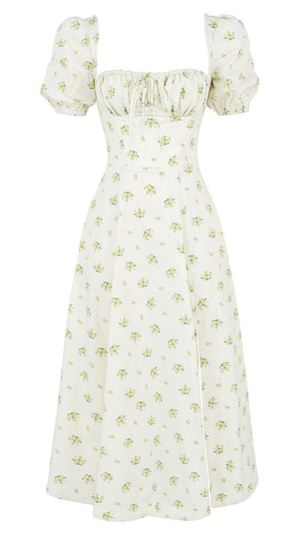 AIIZIE VINTAGE FLORAL PUFF SLEEVE MIDI DRESS IN WHITE - product image