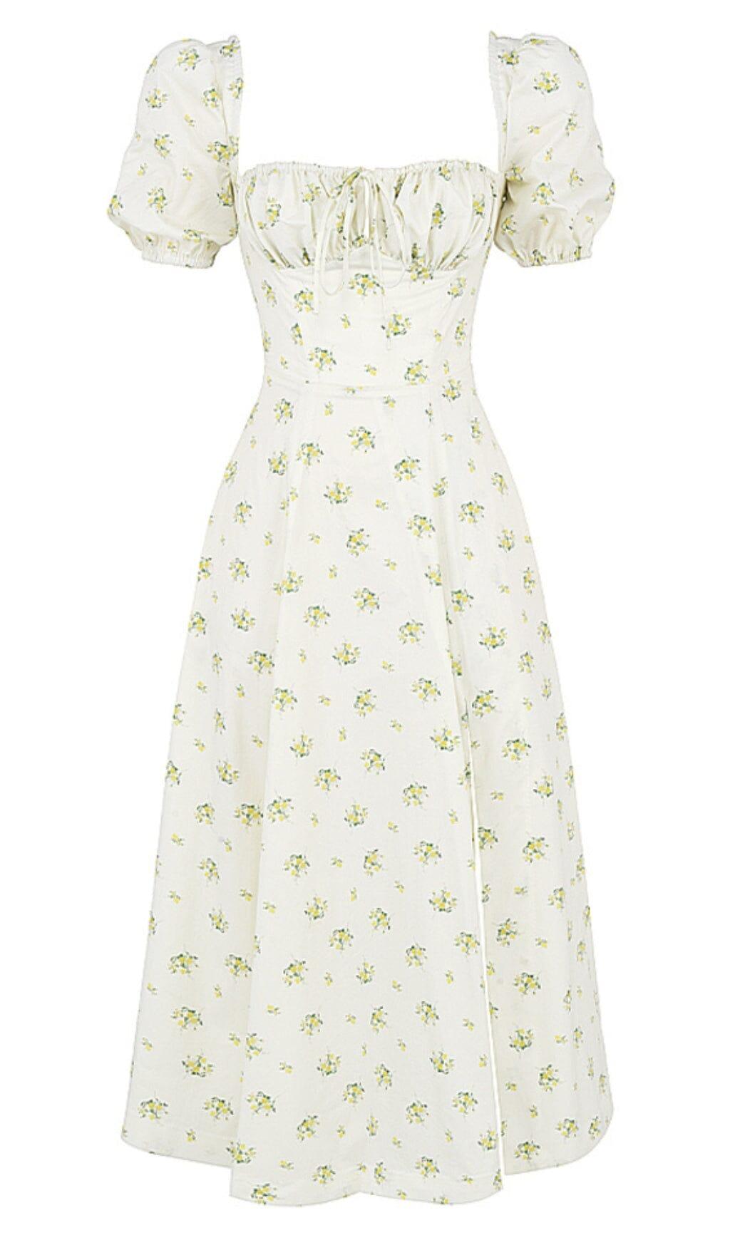 VINTAGE FLORAL PUFF SLEEVE MIDI DRESS IN WHITE