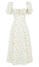 VINTAGE FLORAL PUFF SLEEVE MIDI DRESS IN WHITE