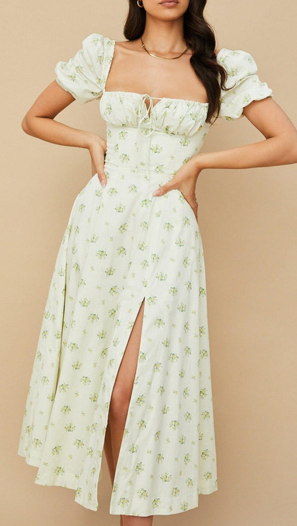 AIIZIE VINTAGE FLORAL PUFF SLEEVE MIDI DRESS IN WHITE - product image