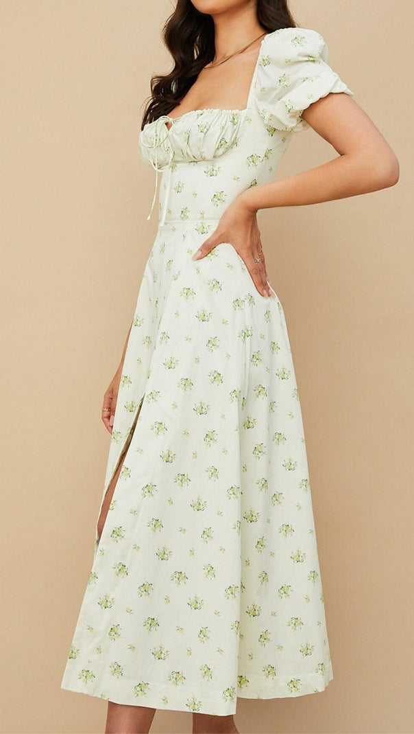 AIIZIE VINTAGE FLORAL PUFF SLEEVE MIDI DRESS IN WHITE - product image