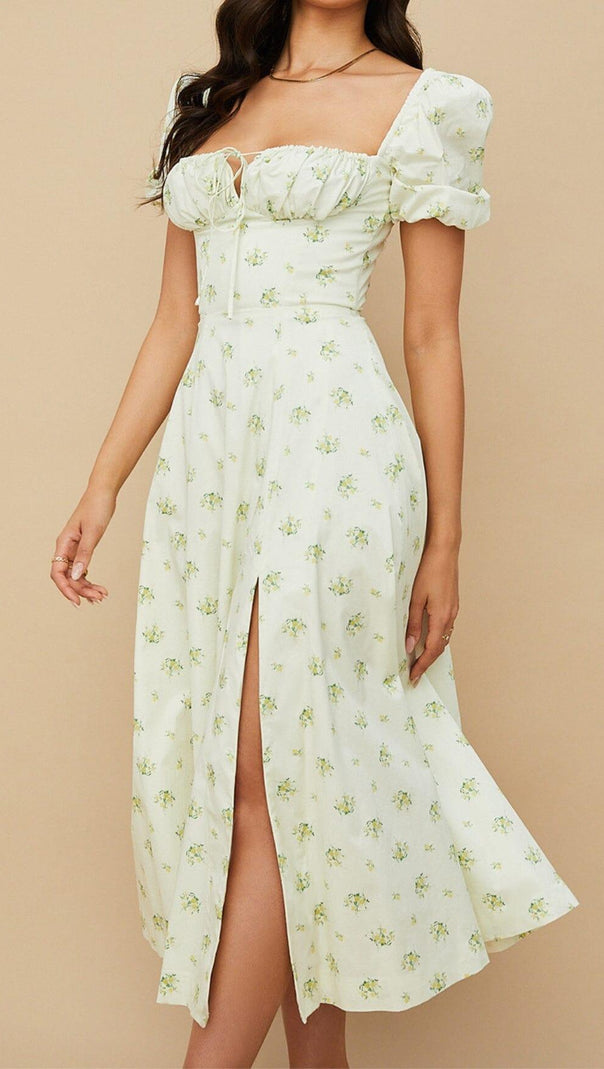 AIIZIE VINTAGE FLORAL PUFF SLEEVE MIDI DRESS IN WHITE - product image