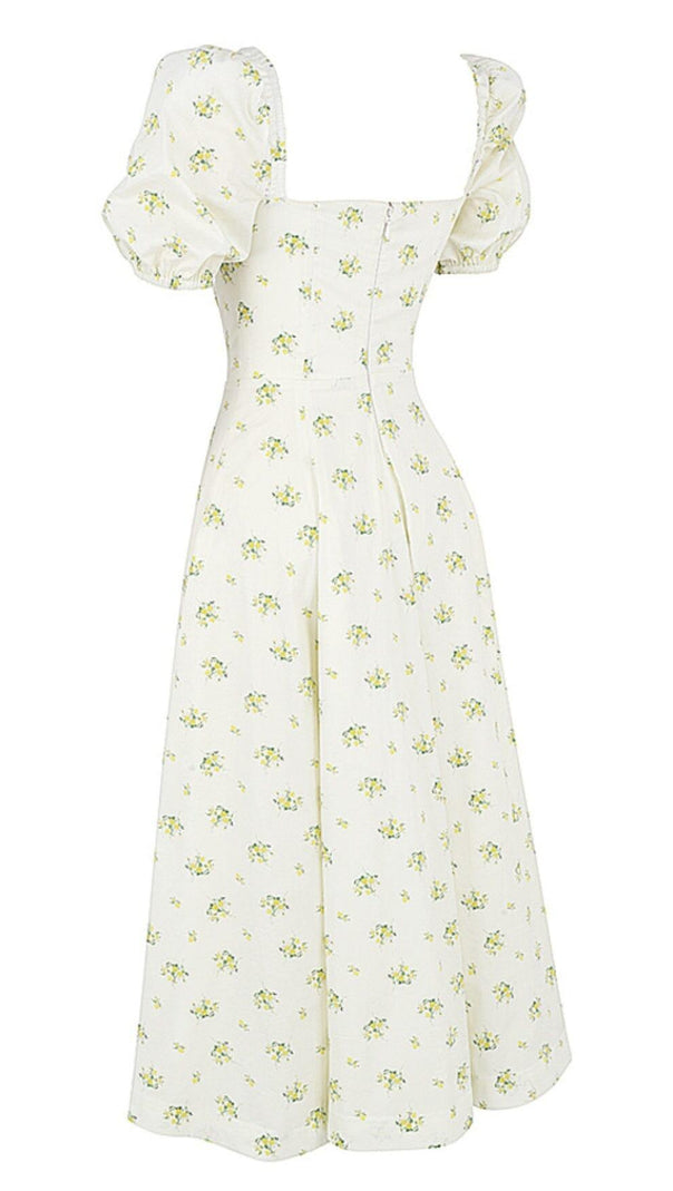 AIIZIE VINTAGE FLORAL PUFF SLEEVE MIDI DRESS IN WHITE - product image