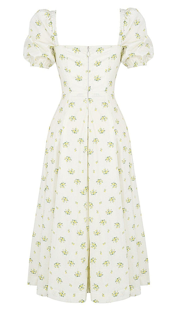 AIIZIE VINTAGE FLORAL PUFF SLEEVE MIDI DRESS IN WHITE - product image