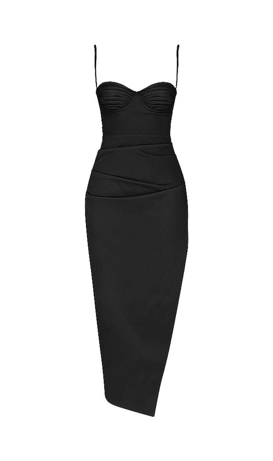 ABITO LUNGO CON CORSETTO E SPACCHI IN RASO NERO