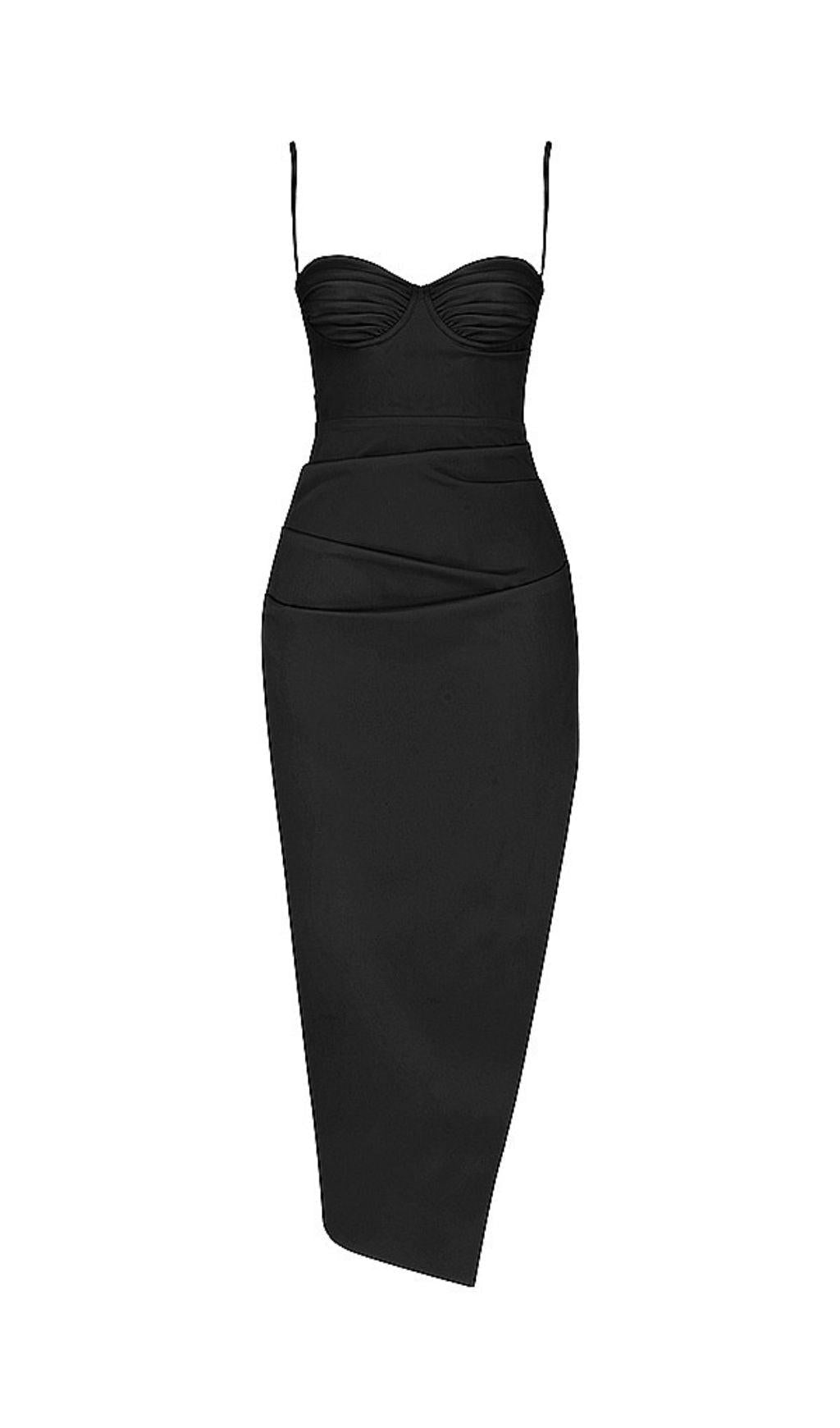 ABITO LUNGO CON CORSETTO E SPACCHI IN RASO NERO