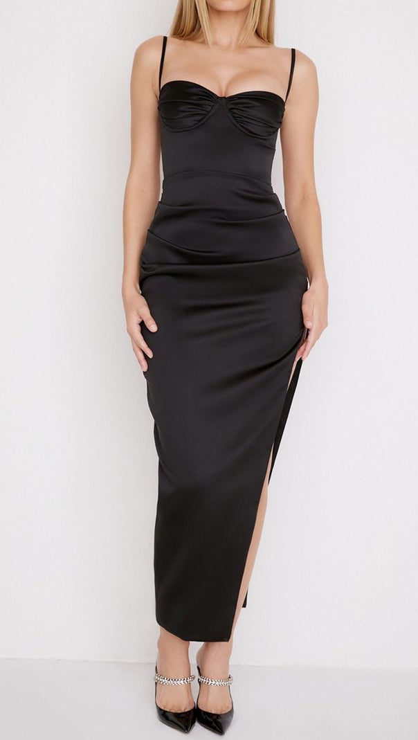 AIIZIE SATIN SLIT CORSET MAXI DRESS IN BLACK - product image