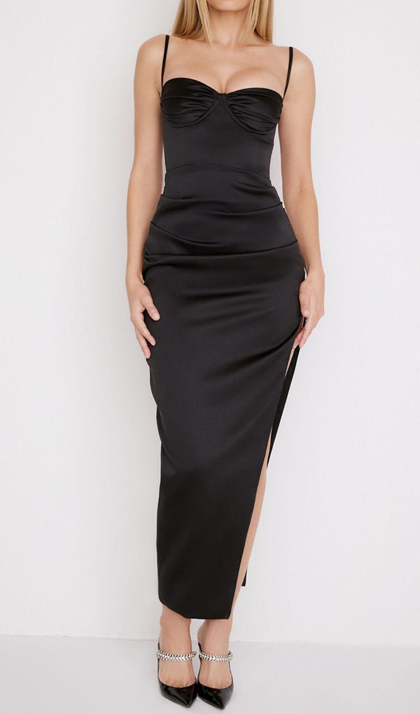 SATIN SLIT CORSET MAXI DRESS IN BLACK