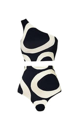 ONE SHOULDER PRINT SPLIT BIKINI SWIMSUIT AND SARONG