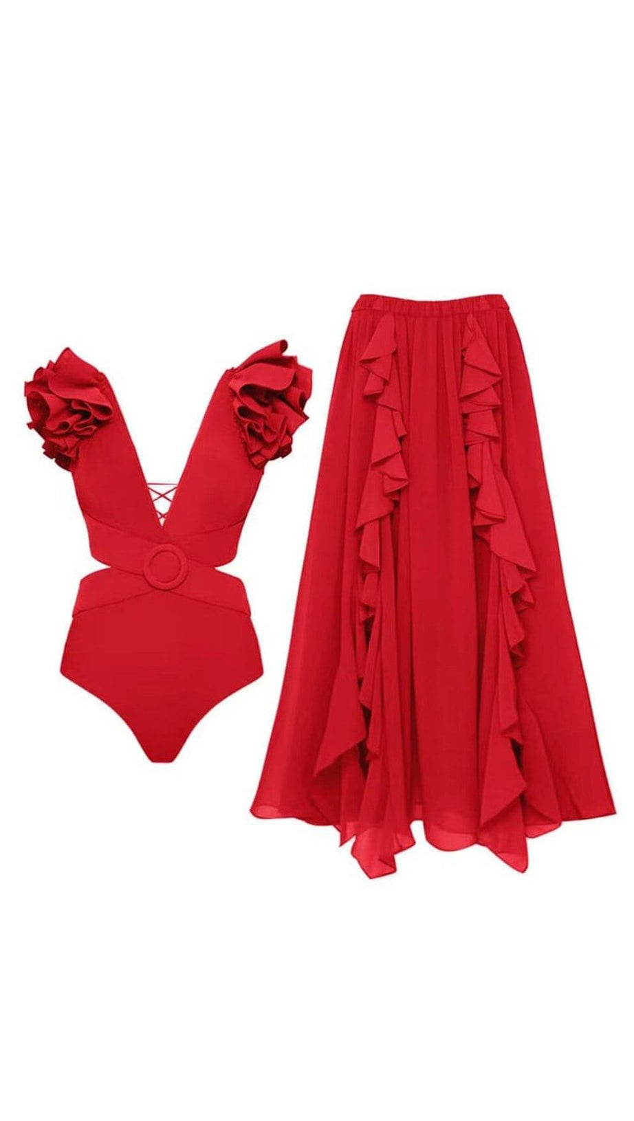 ROTER BADEANZUG MIT TIEFEN V-AUSSCHNITTEN UND ROCK