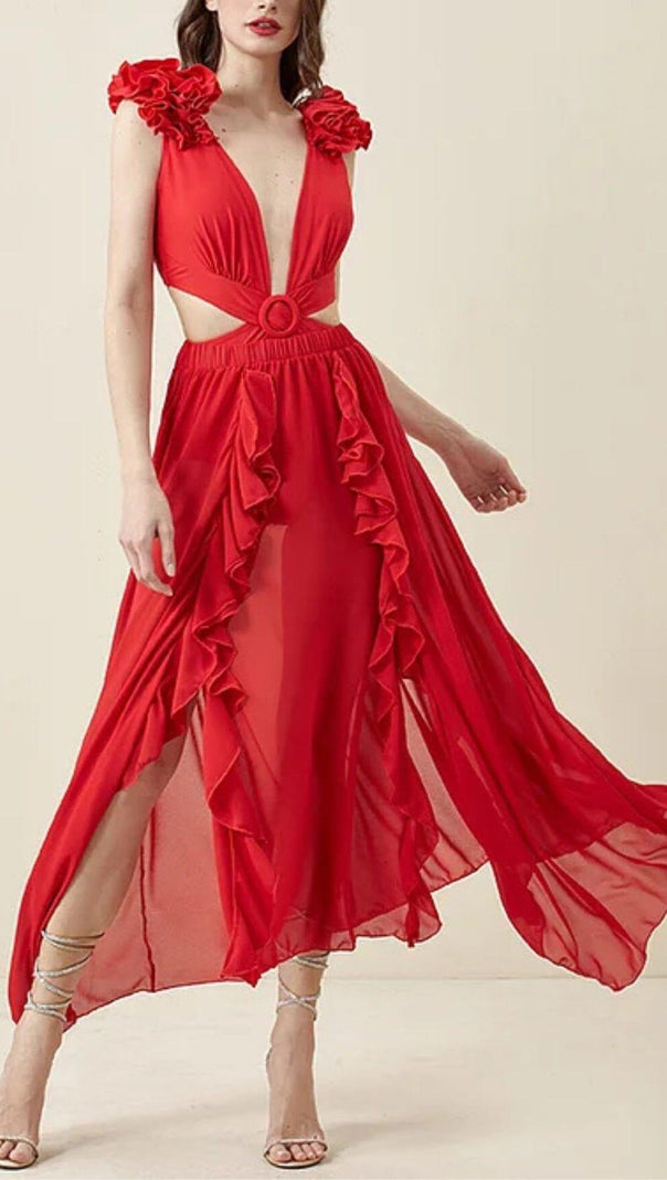 AIIZIE DEEP V RED CUTOUT ONE PIECE SWIMSUIT AND SKIRT - product image