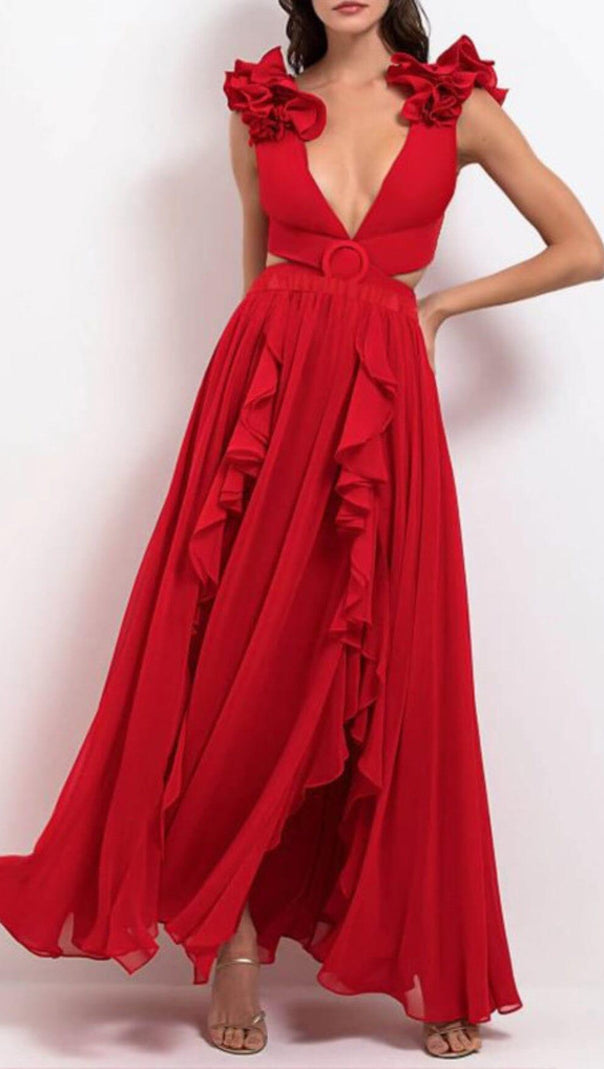 AIIZIE DEEP V RED CUTOUT ONE PIECE SWIMSUIT AND SKIRT - product image