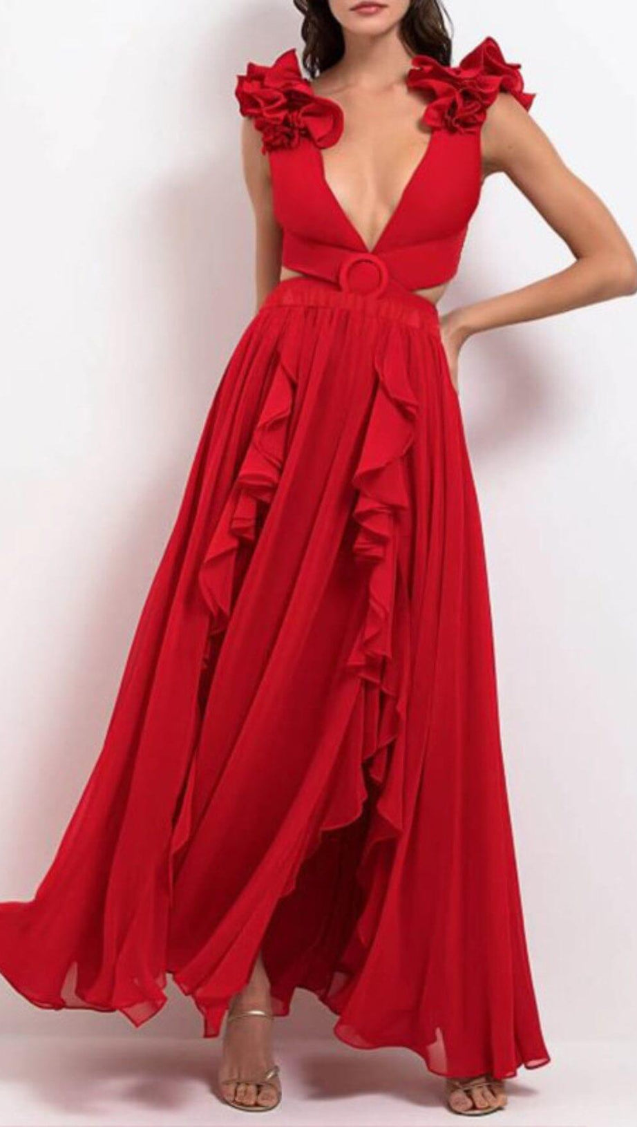 DEEP V RED CUTOUT ONE PIECE SWIMSUIT AND SKIRT