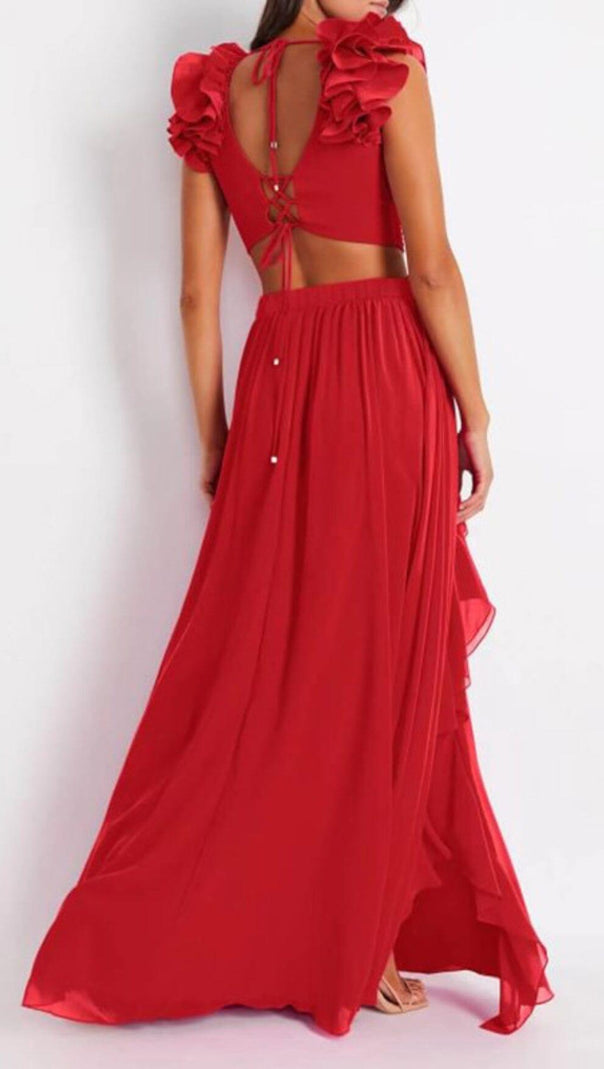 AIIZIE DEEP V RED CUTOUT ONE PIECE SWIMSUIT AND SKIRT - product image