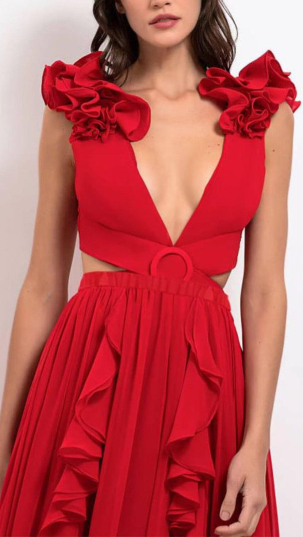 AIIZIE DEEP V RED CUTOUT ONE PIECE SWIMSUIT AND SKIRT - product image