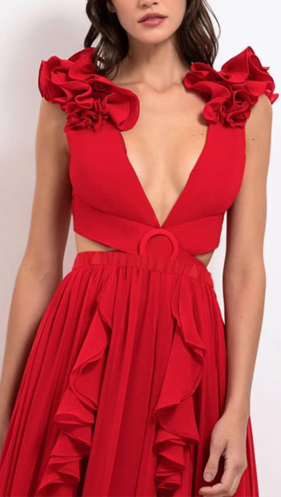 DEEP V RED CUTOUT ONE PIECE SWIMSUIT AND SKIRT