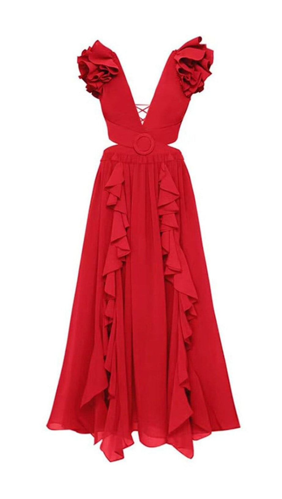 DEEP V RED CUTOUT ONE PIECE SWIMSUIT AND SKIRT