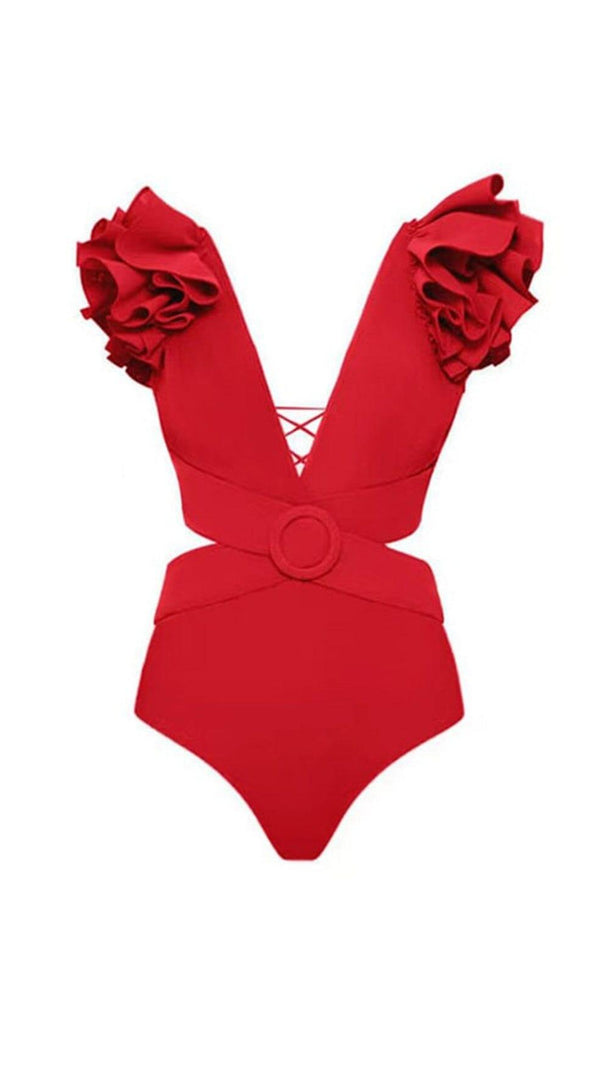 AIIZIE DEEP V RED CUTOUT ONE PIECE SWIMSUIT AND SKIRT - product image
