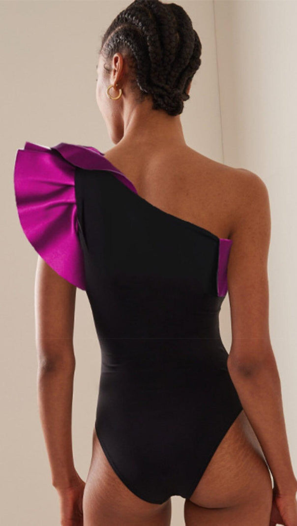 AIIZIE ONE SHOULDER RUFFLE COLOR BLOCK ONE PIECE SWIMSUIT AND SARONG - product image
