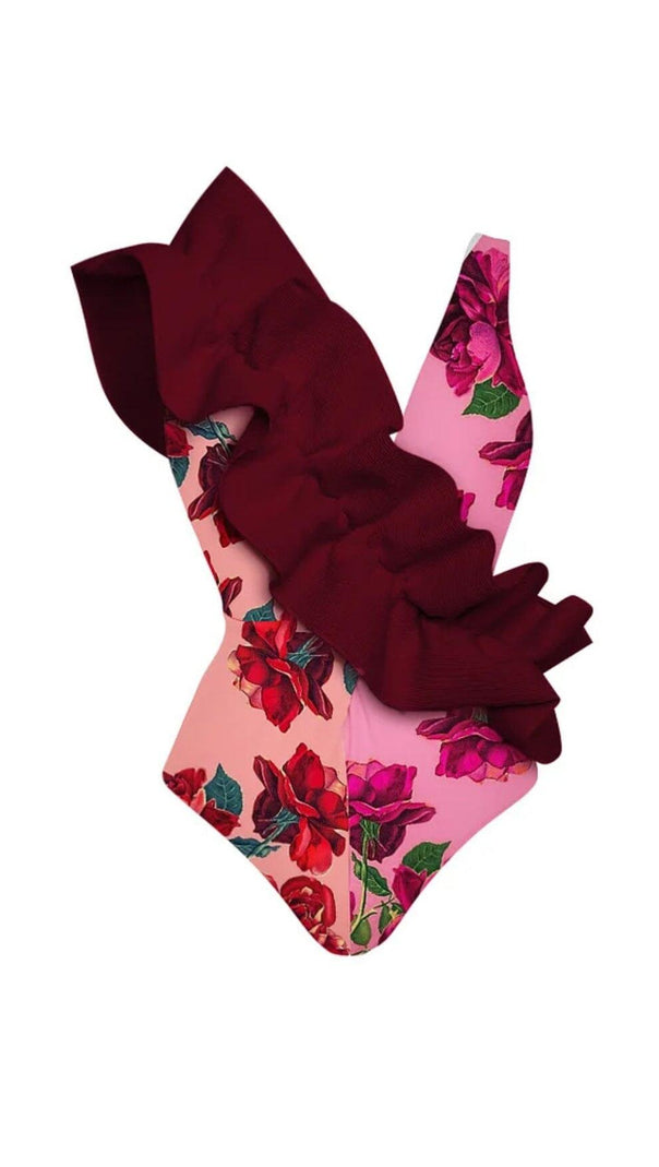 AIIZIE RUFFLED FLORAL PRINT SPLICING ONE PIECE SWIMSUIT - product image