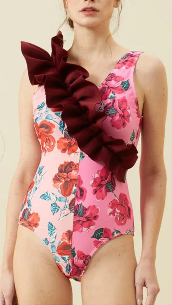 AIIZIE RUFFLED FLORAL PRINT SPLICING ONE PIECE SWIMSUIT - product image