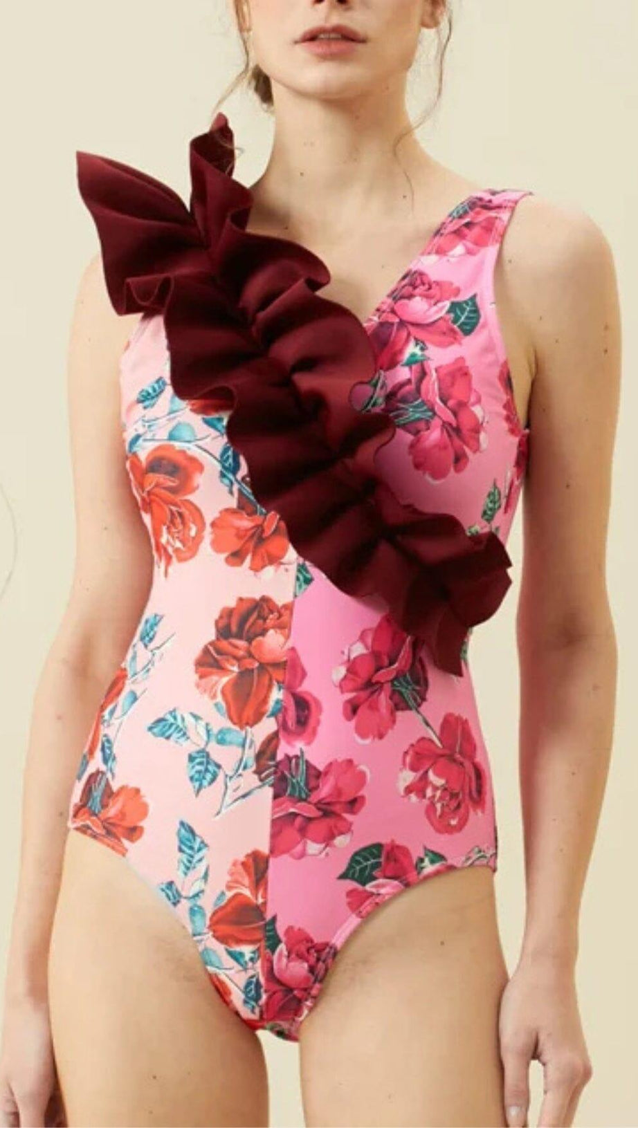RUFFLED FLORAL PRINT SPLICING ONE PIECE SWIMSUIT