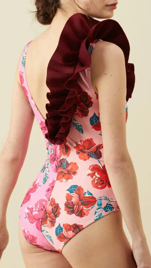 AIIZIE RUFFLED FLORAL PRINT SPLICING ONE PIECE SWIMSUIT - product image