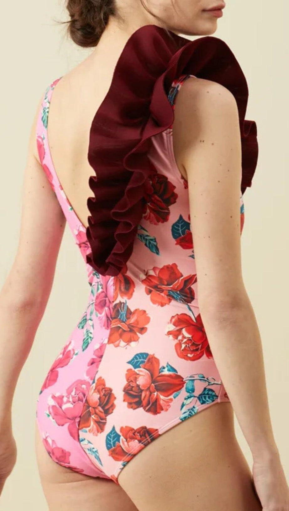RUFFLED FLORAL PRINT SPLICING ONE PIECE SWIMSUIT