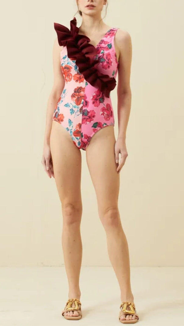 AIIZIE RUFFLED FLORAL PRINT SPLICING ONE PIECE SWIMSUIT - product image