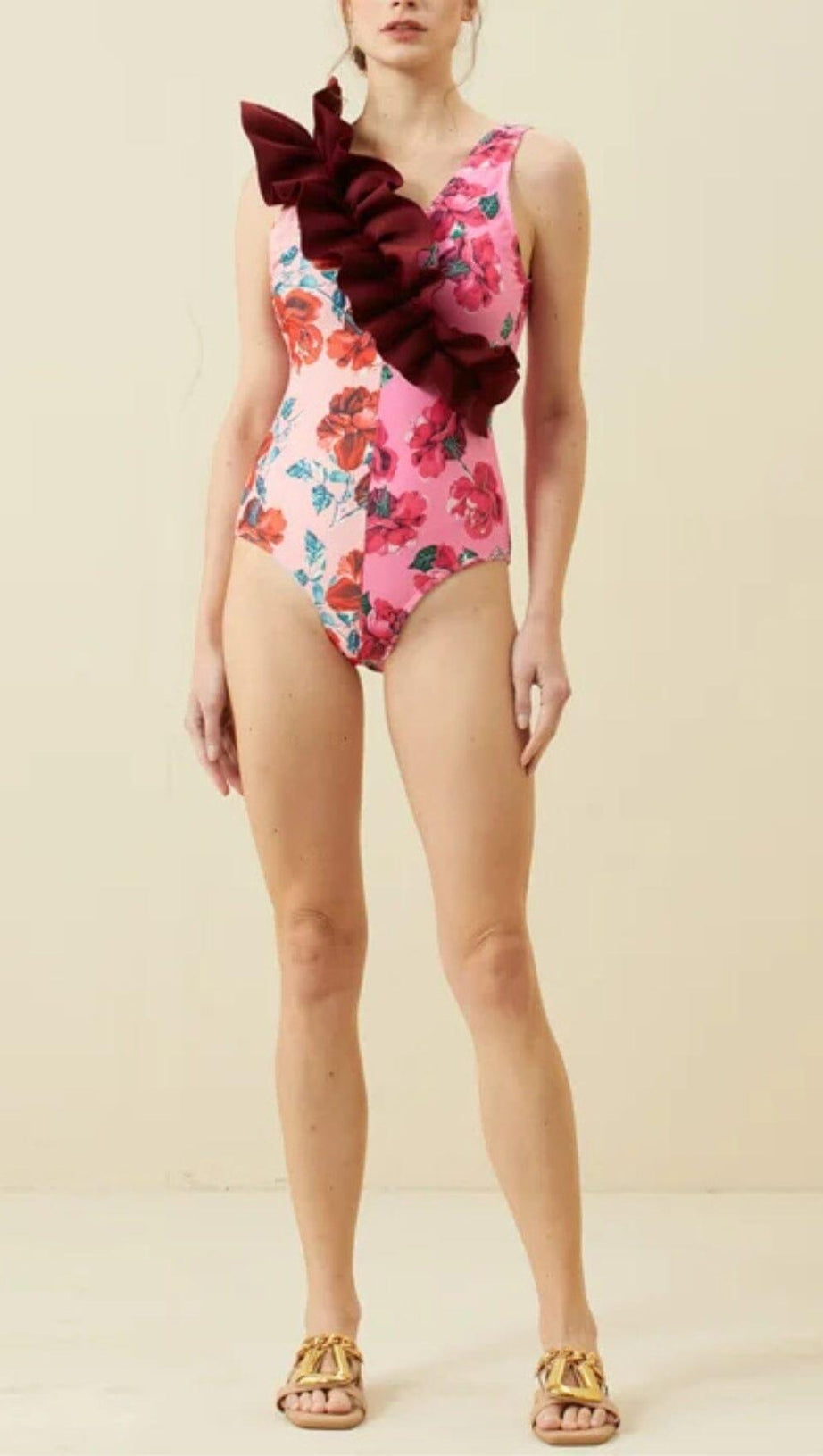 RUFFLED FLORAL PRINT SPLICING ONE PIECE SWIMSUIT