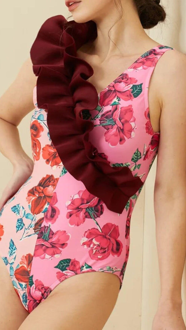 AIIZIE RUFFLED FLORAL PRINT SPLICING ONE PIECE SWIMSUIT - product image
