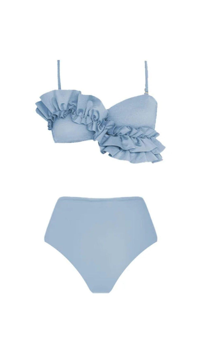 BLUE RUFFLE DETAIL HIGH WAIST BIKINI SWIMSUIT