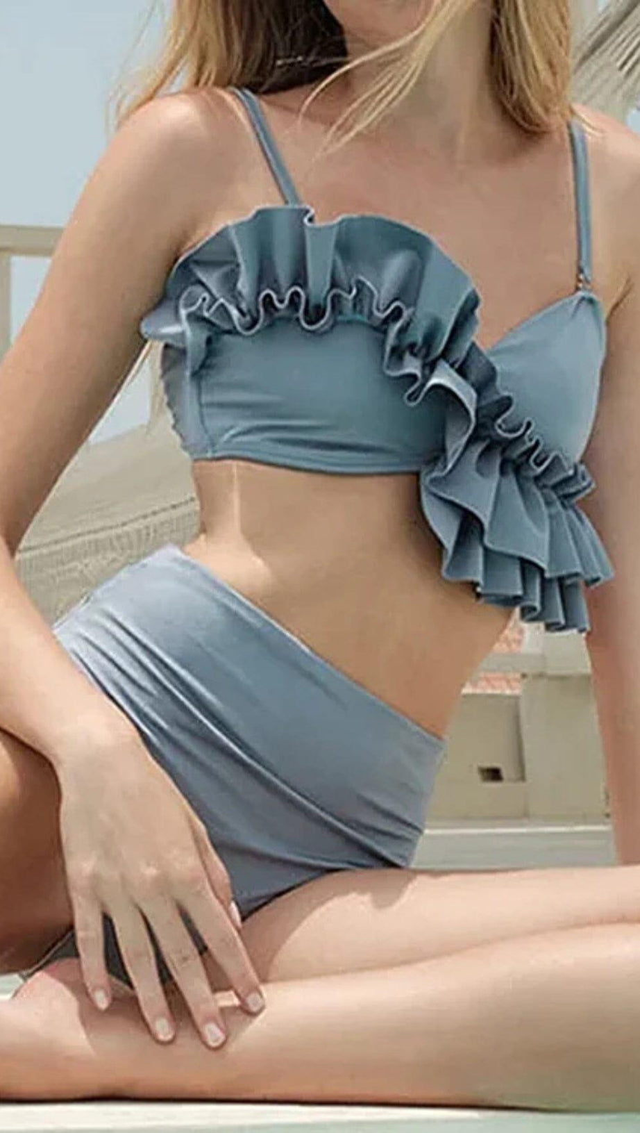 BLUE RUFFLE DETAIL HIGH WAIST BIKINI SWIMSUIT