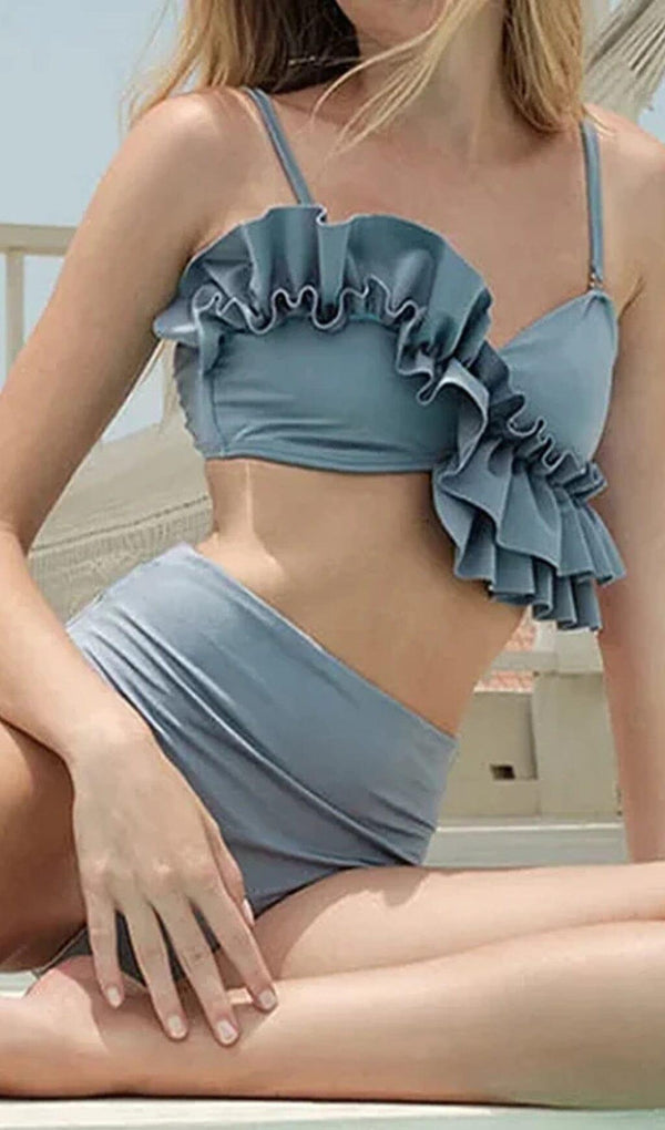 BLUE RUFFLE DETAIL HIGH WAIST BIKINI SWIMSUIT