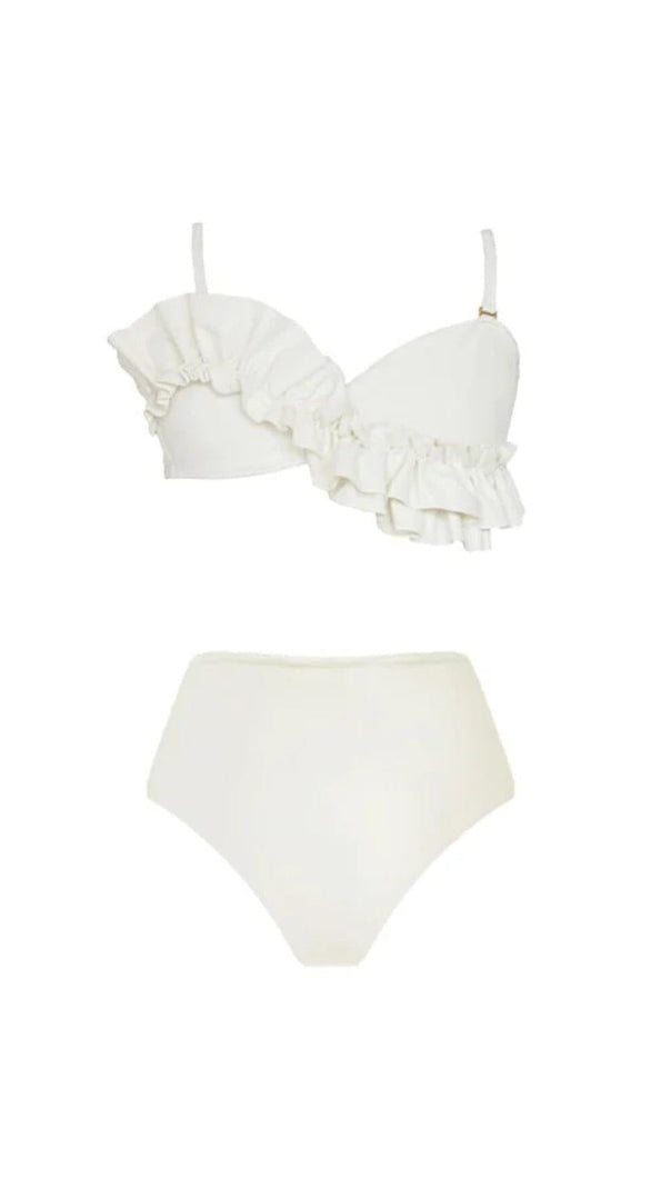 AIIZIE WHITE RUFFLE DETAIL HIGH WAIST BIKINI SWIMSUIT - product image