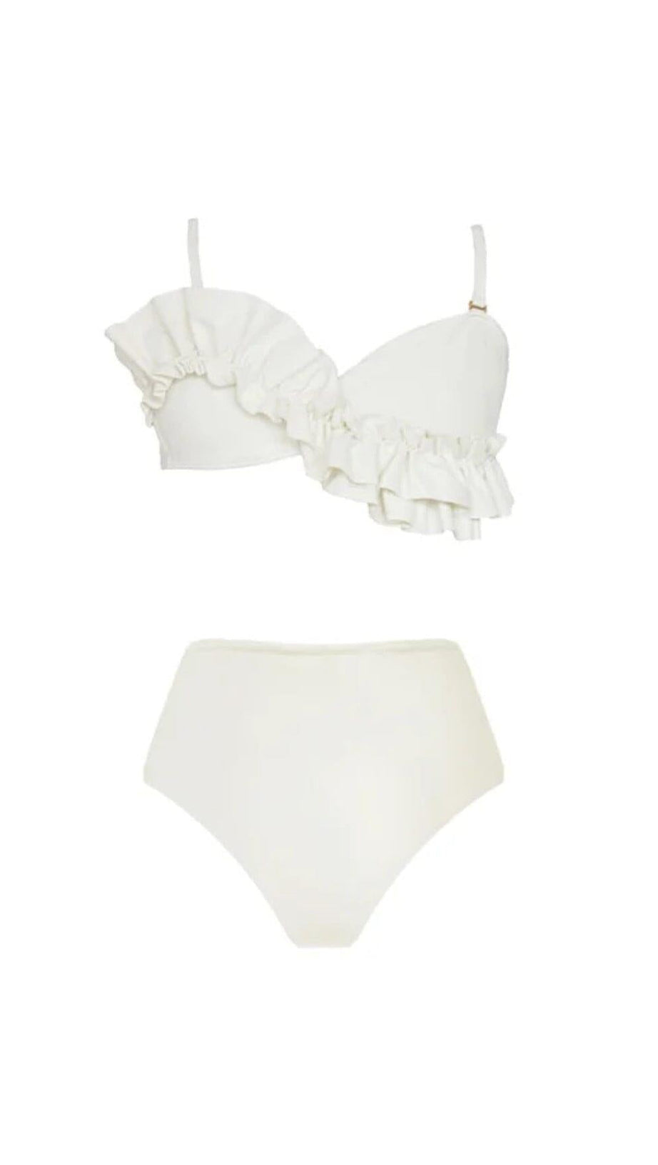 WHITE RUFFLE DETAIL HIGH WAIST BIKINI SWIMSUIT
