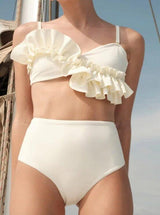 WHITE RUFFLE DETAIL HIGH WAIST BIKINI SWIMSUIT