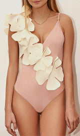 FLOWER DECOR BACKLESS ONE PIECE SWIMSUIT IN PINK