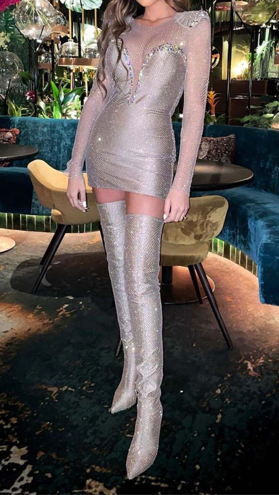 RHINESTONE MESH MINI DRESS IN SLIVER