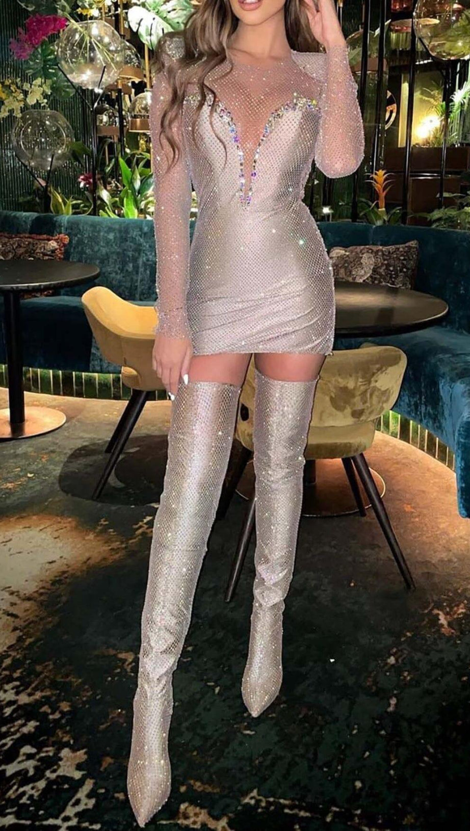 RHINESTONE MESH MINI DRESS IN SLIVER