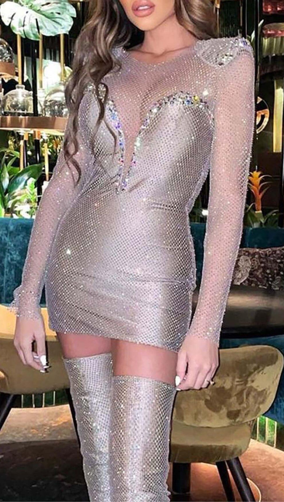 RHINESTONE MESH MINI DRESS IN SLIVER