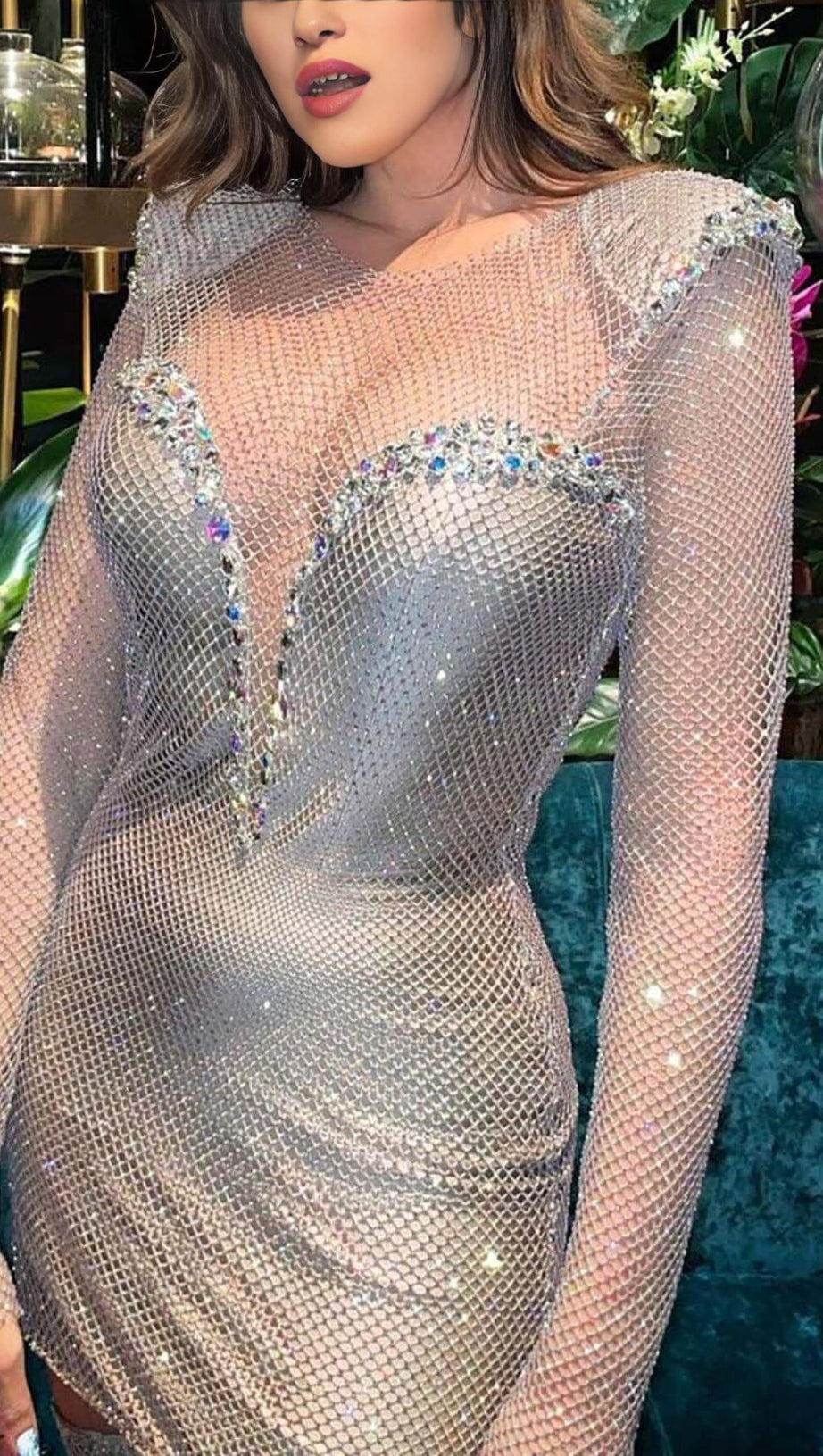 RHINESTONE MESH MINI DRESS IN SLIVER