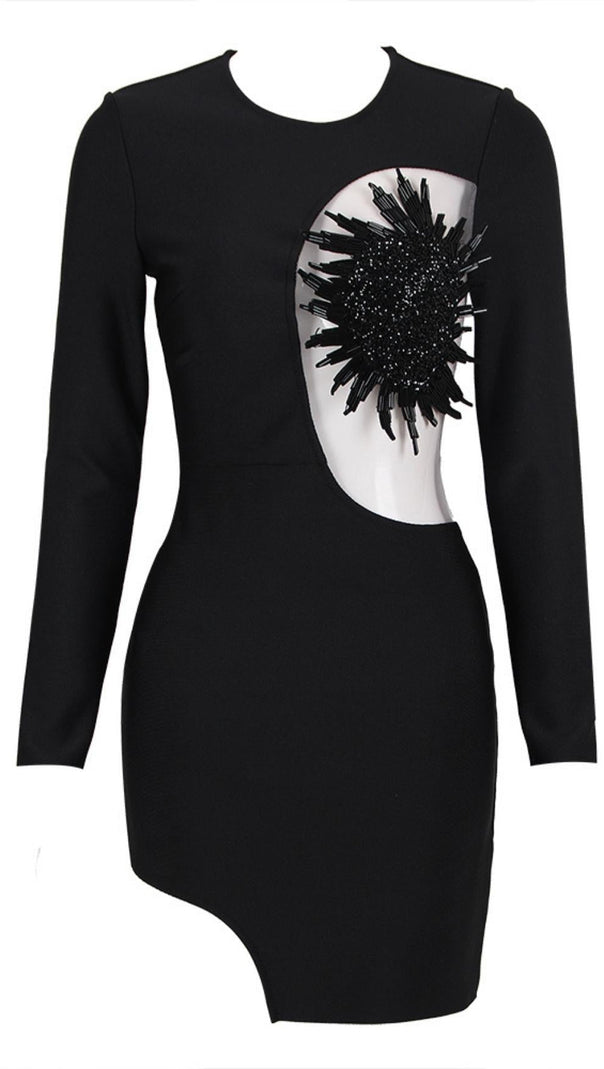 AIIZIE EMBELLISHED LONG SLEEVE BANDAGE MINI DRESS IN BLACK - product image