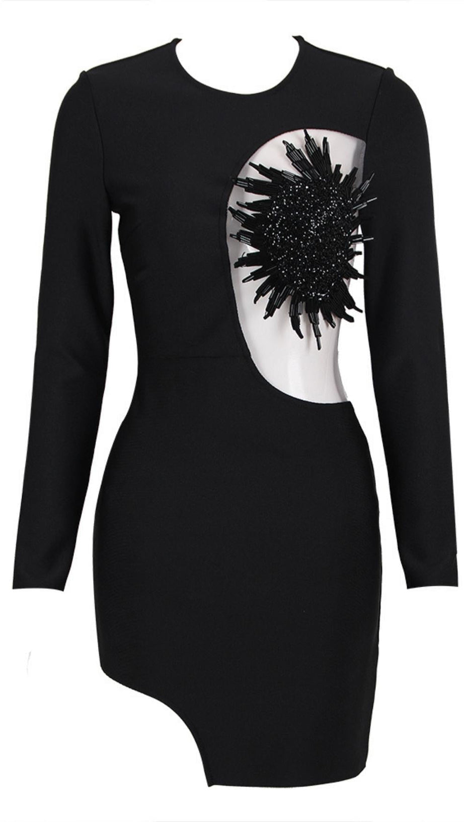 VERZIERTES LANGÄRMLIGES BANDAGE-MINIKLEID IN SCHWARZ