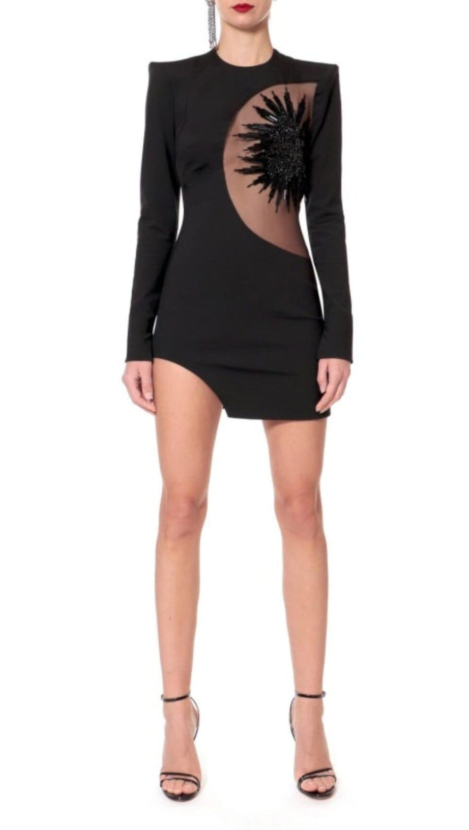 EMBELLISHED LONG SLEEVE BANDAGE MINI DRESS IN BLACK